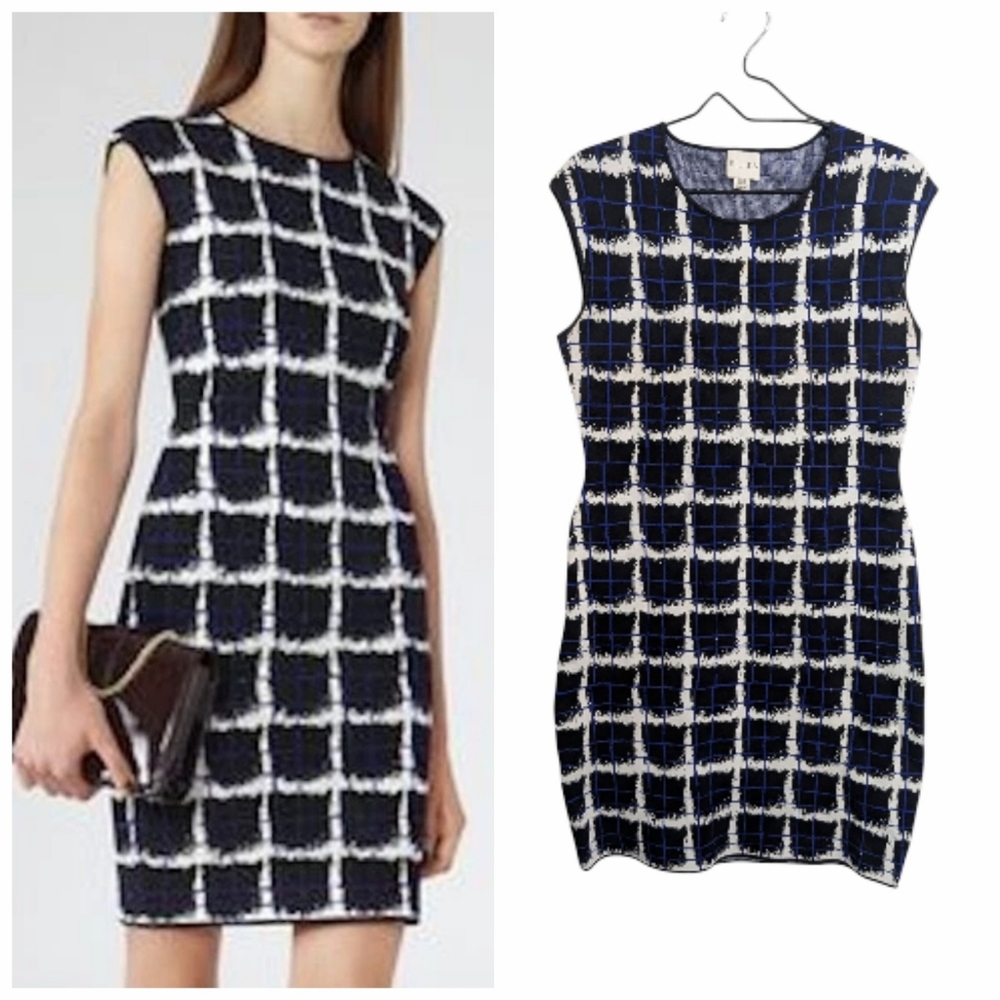Reiss Vanessa Printed Knitted Abyssal Blue Bodycon Dress Short Cap Sleeve 10